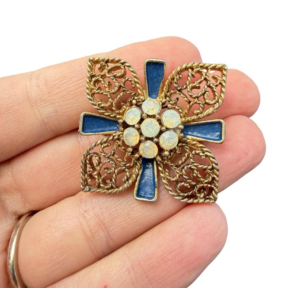 Vintage Jewelry Gold Tone Blue Enamel Square Brooch Filigree pin